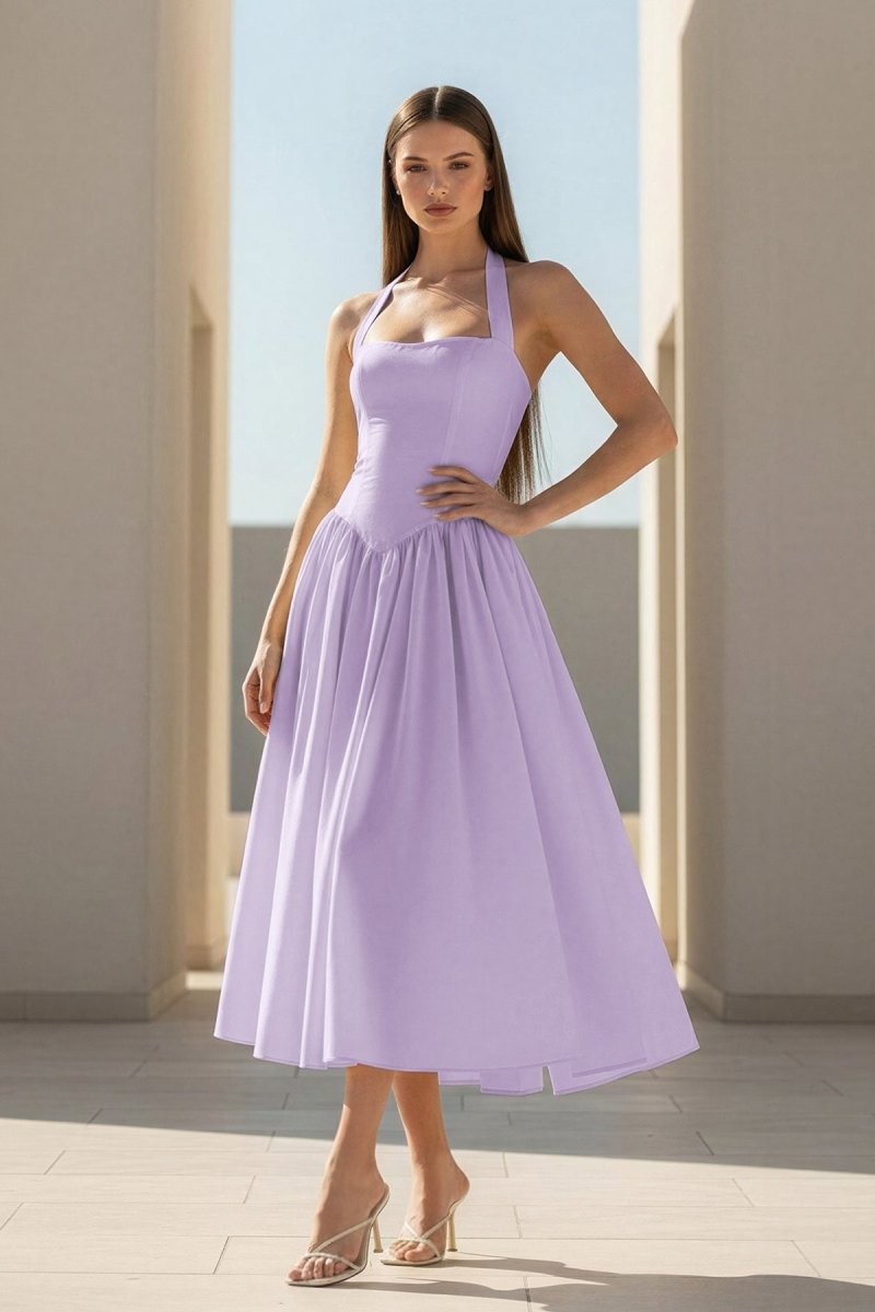 KissProm Yellow Halter A Line Satin Pleated Tea Length Formal Prom Dresses, Lavender / 8