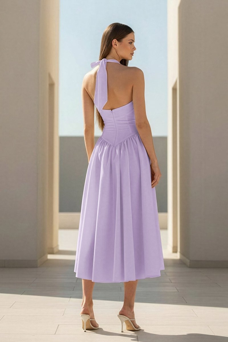 Jehona | Yellow - Halter A Line Satin Pleated Tea Length Formal Prom Dresses - KissProm