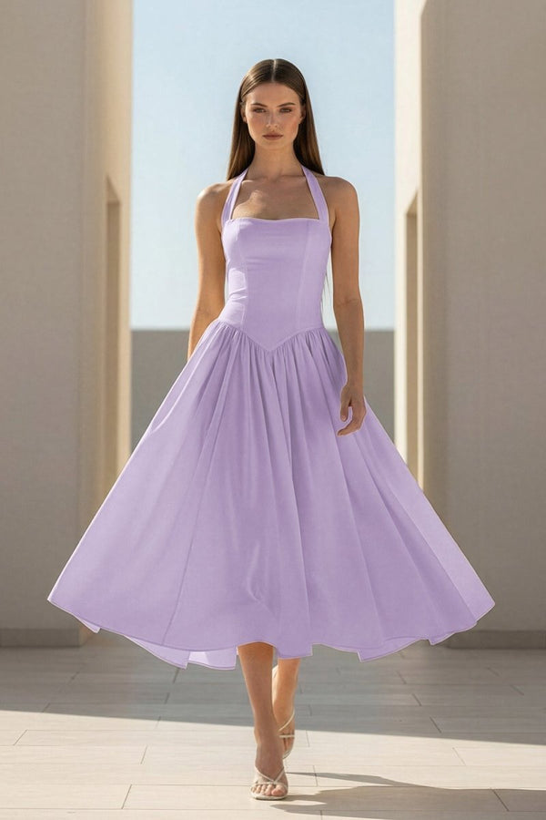 Yellow Halter A Line Satin Pleated Tea Length Formal Prom Dresses, Blue / UK 6