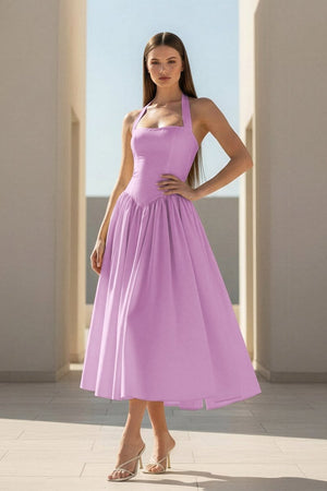 Jehona | Yellow - Halter A Line Satin Pleated Tea Length Formal Prom Dresses - KissProm