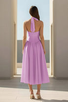 Jehona | Yellow - Halter A Line Satin Pleated Tea Length Formal Prom Dresses - KissProm