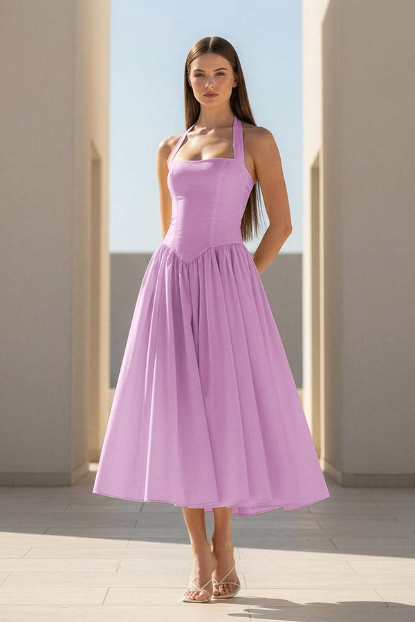 Jehona | Yellow - Halter A Line Satin Pleated Tea Length Formal Prom Dresses - KissProm