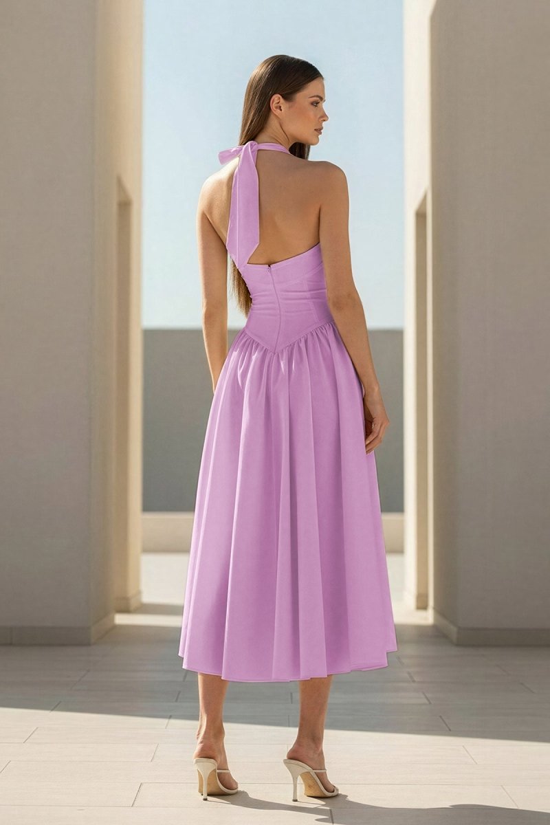 Jehona | Yellow - Halter A Line Satin Pleated Tea Length Formal Prom Dresses - KissProm