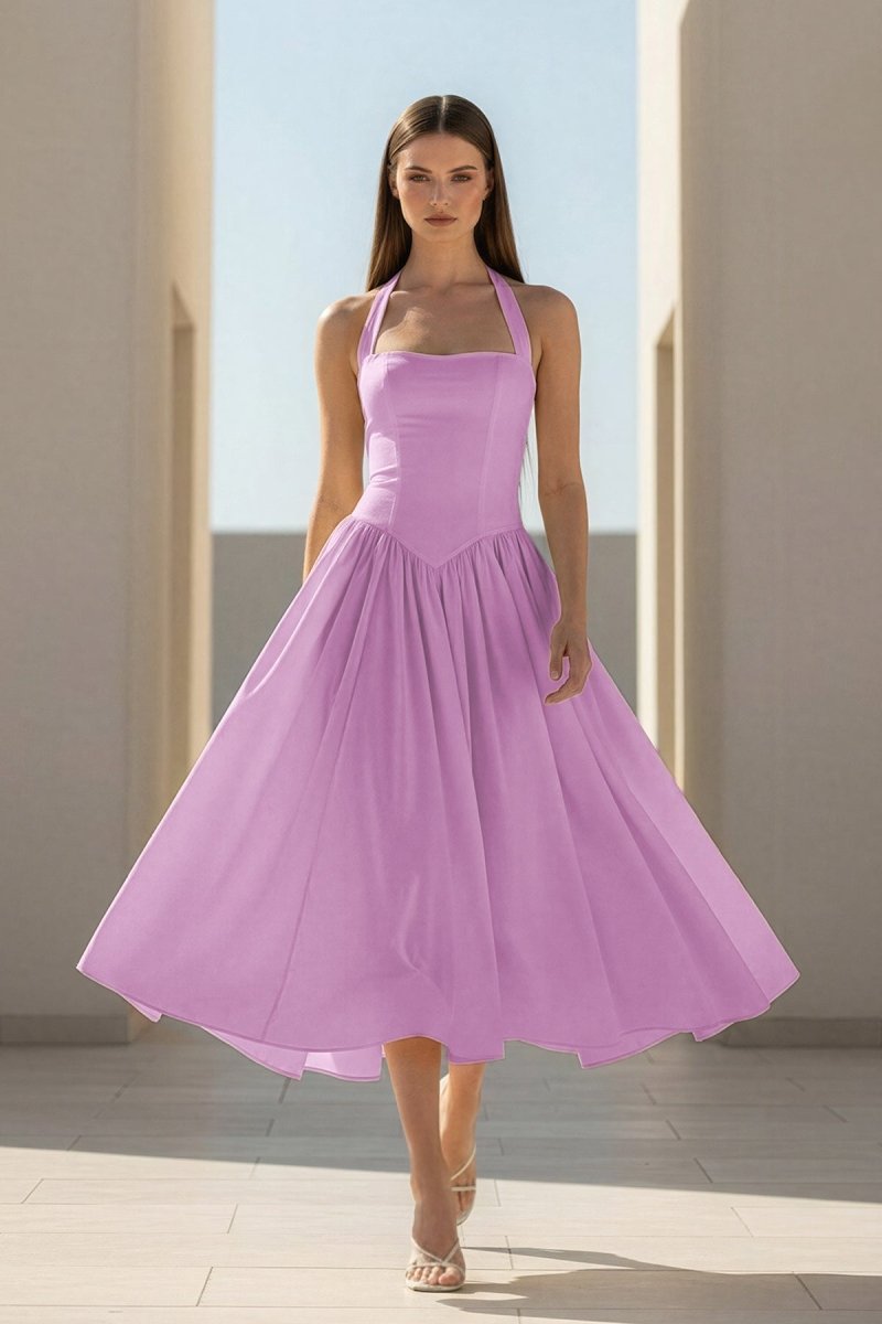 Jehona | Yellow - Halter A Line Satin Pleated Tea Length Formal Prom Dresses - KissProm