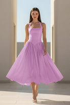 Jehona | Yellow - Halter A Line Satin Pleated Tea Length Formal Prom Dresses - KissProm