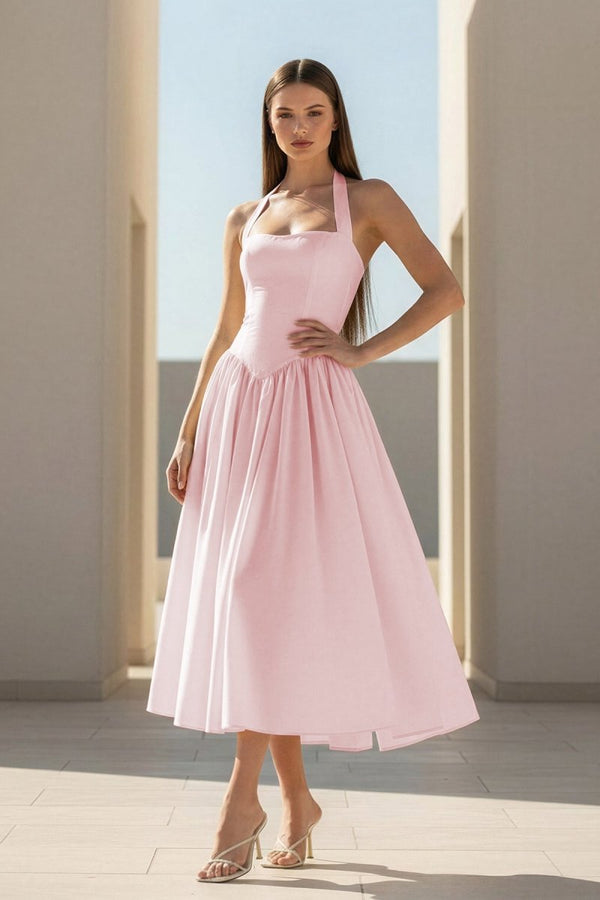 Jehona | Yellow - Halter A Line Satin Pleated Tea Length Formal Prom Dresses - KissProm