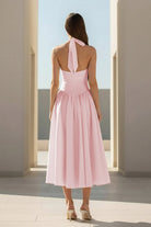Jehona | Yellow - Halter A Line Satin Pleated Tea Length Formal Prom Dresses - KissProm