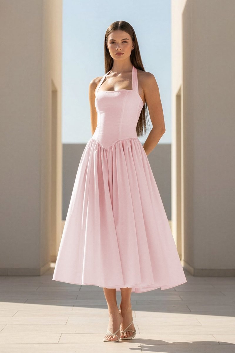 Jehona | Yellow - Halter A Line Satin Pleated Tea Length Formal Prom Dresses - KissProm