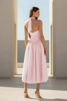 Jehona | Yellow - Halter A Line Satin Pleated Tea Length Formal Prom Dresses - KissProm