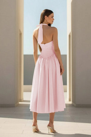 Jehona | Yellow - Halter A Line Satin Pleated Tea Length Formal Prom Dresses - KissProm