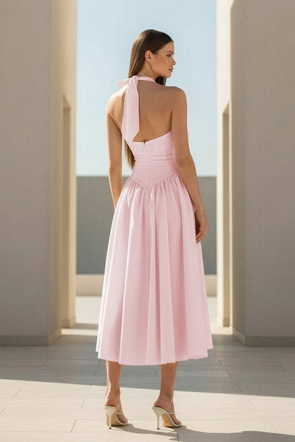 Jehona | Yellow - Halter A Line Satin Pleated Tea Length Formal Prom Dresses - KissProm