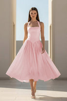 Jehona | Yellow - Halter A Line Satin Pleated Tea Length Formal Prom Dresses - KissProm