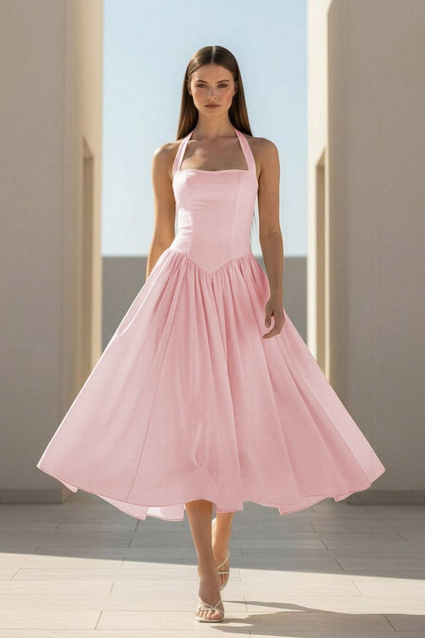 Jehona | Yellow - Halter A Line Satin Pleated Tea Length Formal Prom Dresses - KissProm