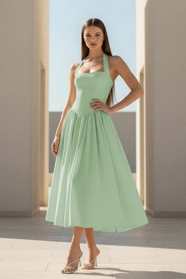 Jehona | Yellow - Halter A Line Satin Pleated Tea Length Formal Prom Dresses - KissProm