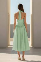 Jehona | Yellow - Halter A Line Satin Pleated Tea Length Formal Prom Dresses - KissProm