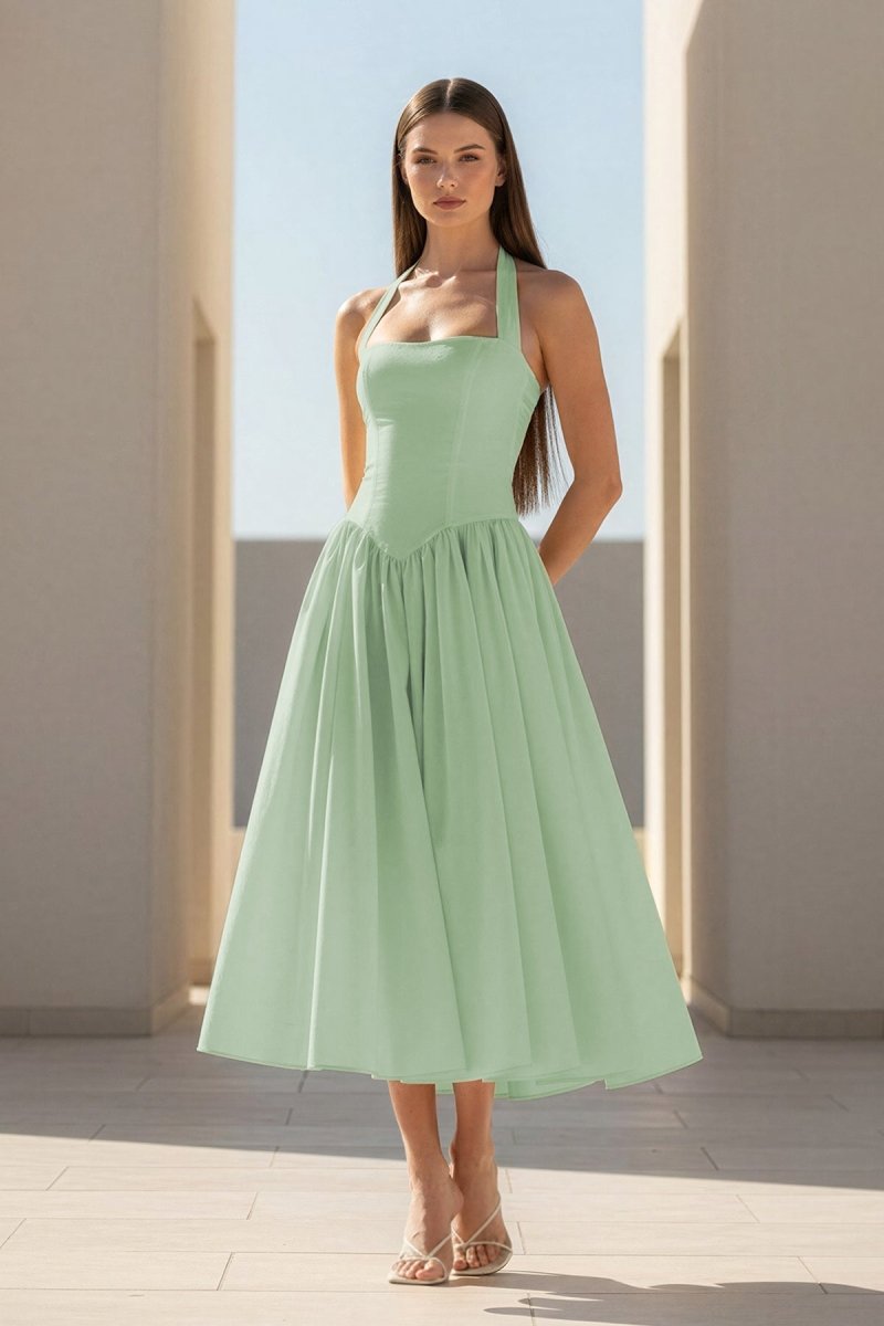 Jehona | Yellow - Halter A Line Satin Pleated Tea Length Formal Prom Dresses - KissProm