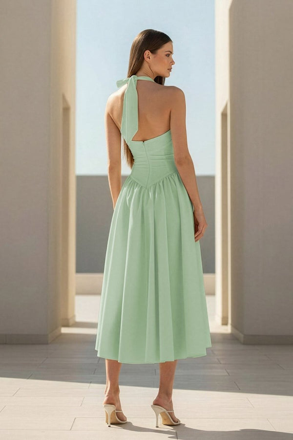Jehona | Yellow - Halter A Line Satin Pleated Tea Length Formal Prom Dresses - KissProm