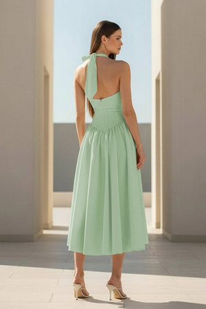 Jehona | Yellow - Halter A Line Satin Pleated Tea Length Formal Prom Dresses - KissProm