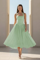 Jehona | Yellow - Halter A Line Satin Pleated Tea Length Formal Prom Dresses - KissProm