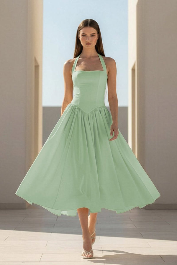 Yellow Halter A Line Satin Pleated Tea Length Formal Prom Dresses Sage Green / 16 Yellow Halter A Line Satin Pleated Tea Length Formal Prom Dresses Sage Green / 16