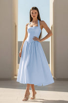 Jehona | Yellow - Halter A Line Satin Pleated Tea Length Formal Prom Dresses - KissProm
