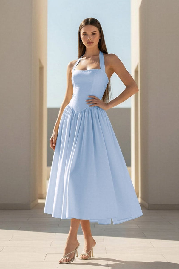 Jehona | Yellow - Halter A Line Satin Pleated Tea Length Formal Prom Dresses - KissProm