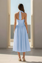 Jehona | Yellow - Halter A Line Satin Pleated Tea Length Formal Prom Dresses - KissProm