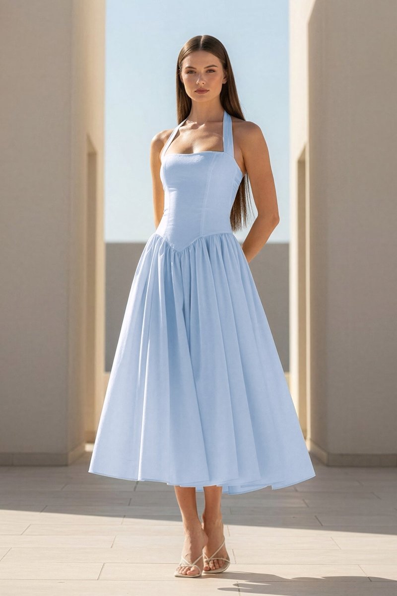 Jehona | Yellow - Halter A Line Satin Pleated Tea Length Formal Prom Dresses - KissProm