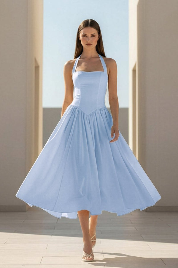 Yellow Halter A Line Satin Pleated Tea Length Formal Prom Dresses Sky Blue / 16 Yellow Halter A Line Satin Pleated Tea Length Formal Prom Dresses Sky Blue / 16