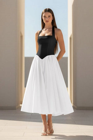 Jehona | Yellow - Halter A Line Satin Pleated Tea Length Formal Prom Dresses - KissProm