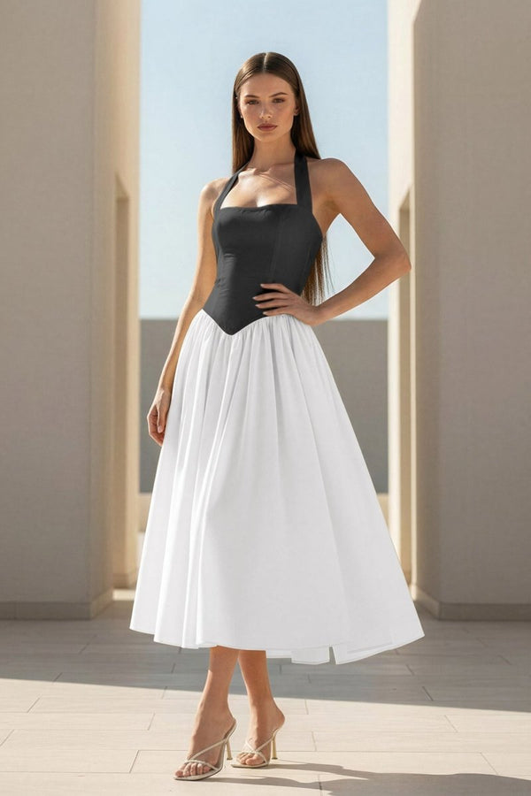 Jehona | Yellow - Halter A Line Satin Pleated Tea Length Formal Prom Dresses - KissProm