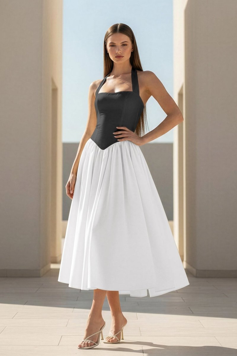 Jehona | Yellow - Halter A Line Satin Pleated Tea Length Formal Prom Dresses - KissProm