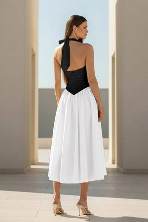 Jehona | Yellow - Halter A Line Satin Pleated Tea Length Formal Prom Dresses - KissProm