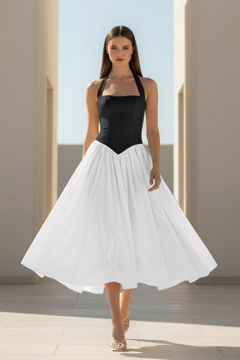 KissProm Yellow Halter A Line Satin Pleated Tea Length Formal Prom Dresses, Black-White / 14