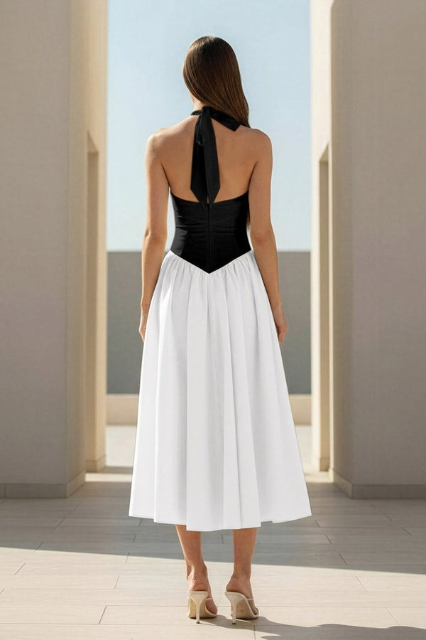 Jehona | Yellow - Halter A Line Satin Pleated Tea Length Formal Prom Dresses - KissProm