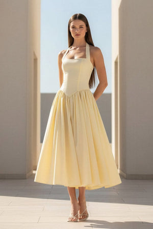 Jehona | Yellow - Halter A Line Satin Pleated Tea Length Formal Prom Dresses - KissProm