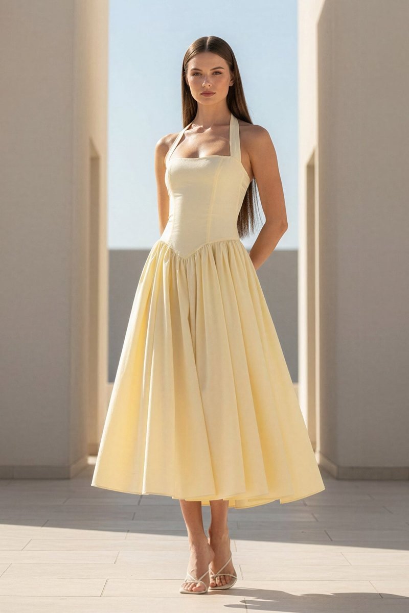 Jehona | Yellow - Halter A Line Satin Pleated Tea Length Formal Prom Dresses - KissProm