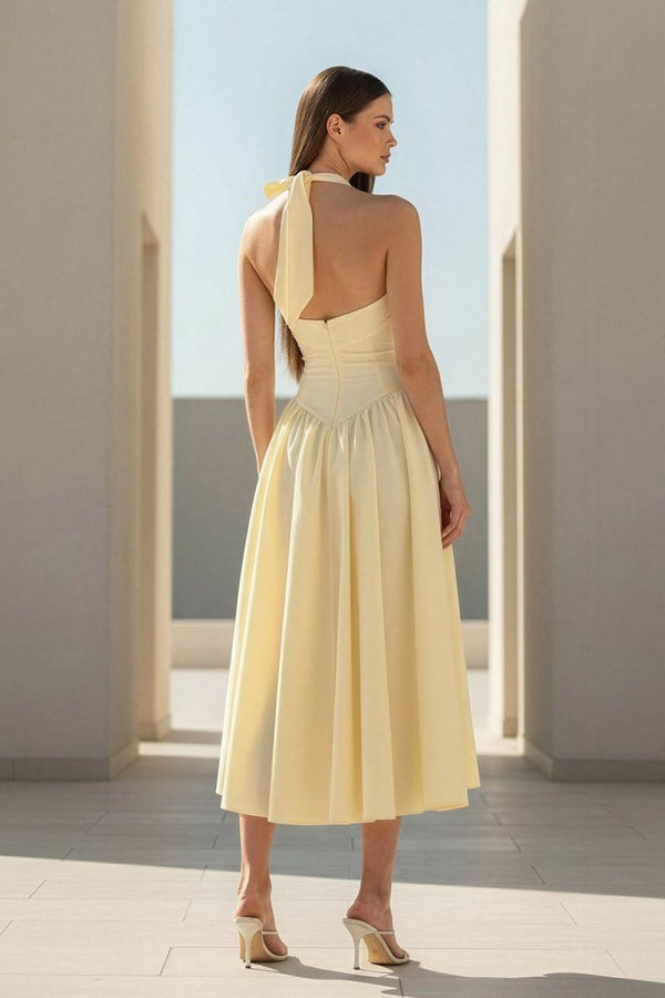 KissProm Yellow Halter A Line Satin Pleated Tea Length Formal Prom Dresses, Yellow / 4