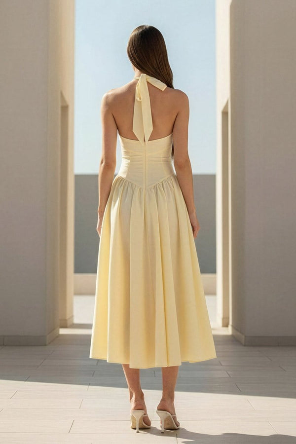 Yellow Halter A Line Satin Pleated Tea Length Formal Prom Dresses Yellow / 4 Yellow Halter A Line Satin Pleated Tea Length Formal Prom Dresses Yellow / 4