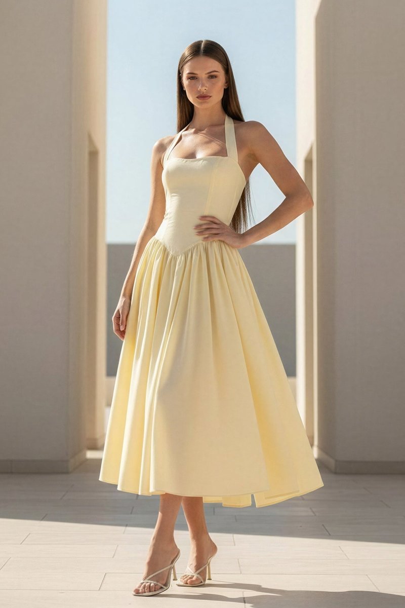 Jehona | Yellow - Halter A Line Satin Pleated Tea Length Formal Prom Dresses - KissProm