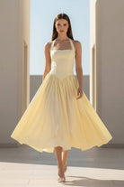 Jehona | Yellow - Halter A Line Satin Pleated Tea Length Formal Prom Dresses - KissProm