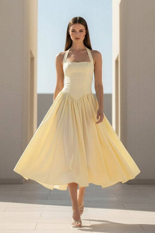 Jehona | Yellow - Halter A Line Satin Pleated Tea Length Formal Prom Dresses - KissProm