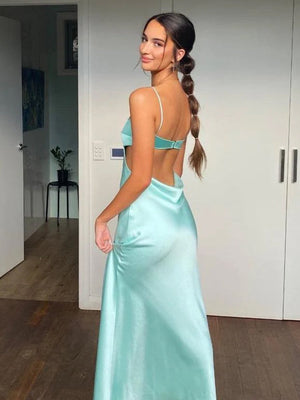 KissProm-Jelissa Spaghetti Straps Sheath Aqua Blue Prom Dress Formal Satin Party Dress