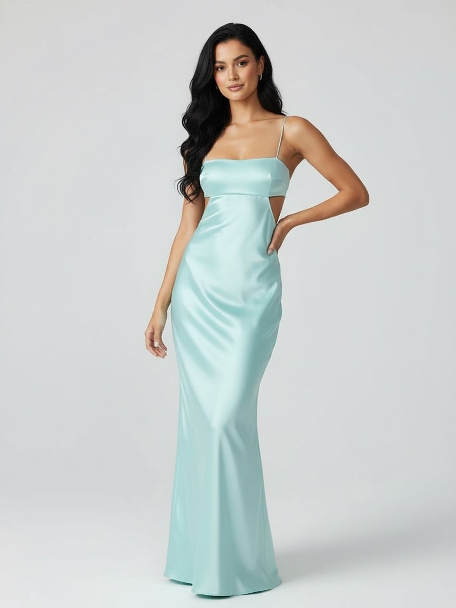 KissProm Spaghetti Straps Sheath Aqua Blue Prom Dress Formal Satin Party Dress, Aqua / 18