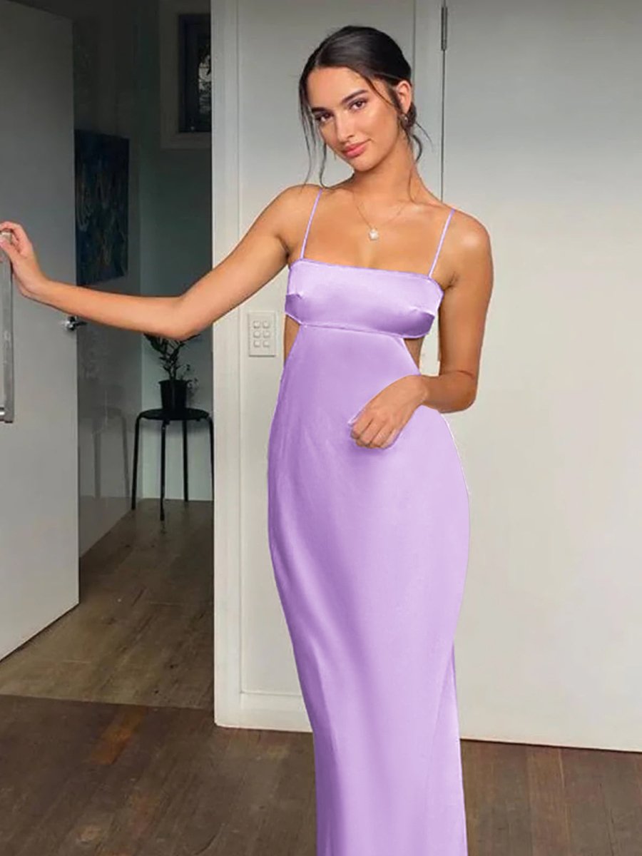 KissProm-Jelissa Spaghetti Straps Sheath Lilac Prom Dress Formal Satin Party Dress