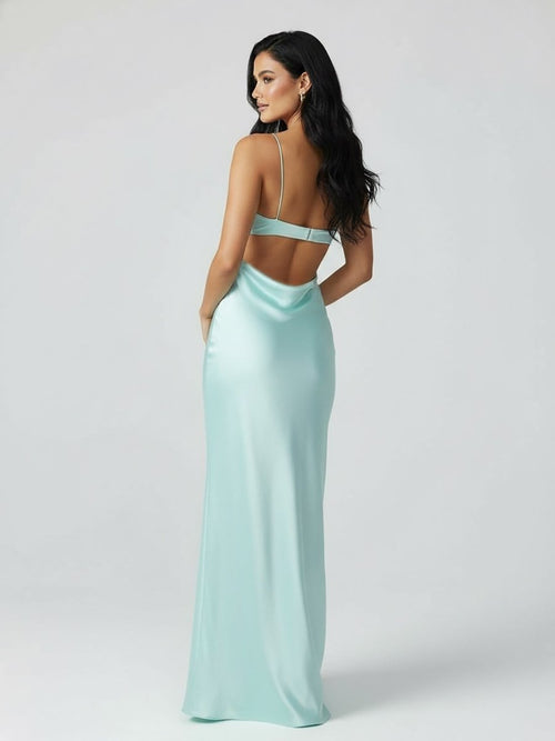 Spaghetti Straps Sheath Aqua Blue Prom Dress Formal Satin Party Dress