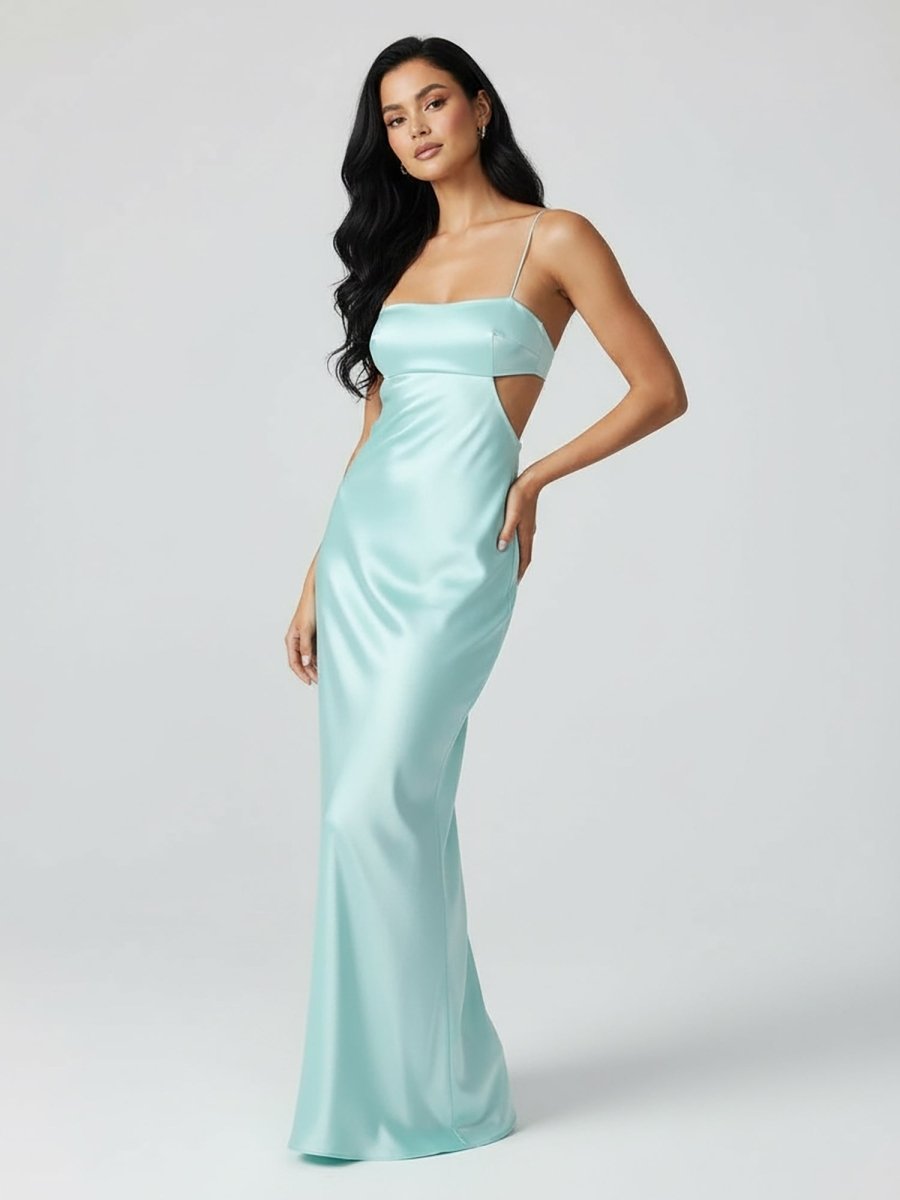 Spaghetti Straps Sheath Aqua Blue Prom Dress Formal Satin Party Dress