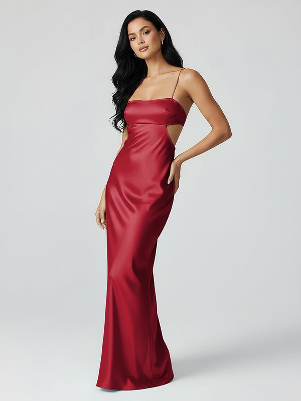 Spaghetti Straps Sheath Aqua Blue Prom Dress Formal Satin Party Dress Burgundy / 00