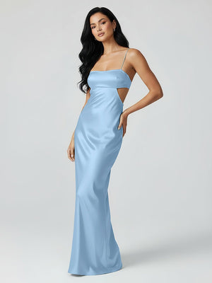 Spaghetti Straps Sheath Aqua Blue Prom Dress Formal Satin Party Dress - KISSPROM PROM DRESSES