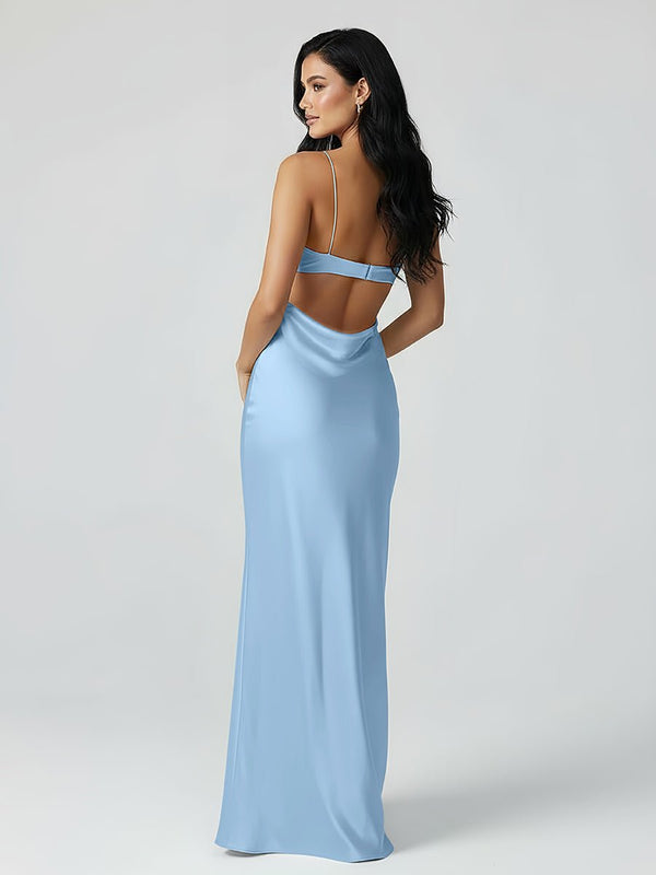 Spaghetti Straps Sheath Aqua Blue Prom Dress Formal Satin Party Dress - KISSPROM PROM DRESSES